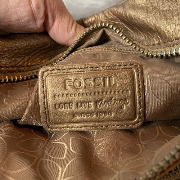 Fossil Crossbody Bag Front Pockets Metallic Bronze/Chocolate Pebbled Leather - Picture 12 of 16